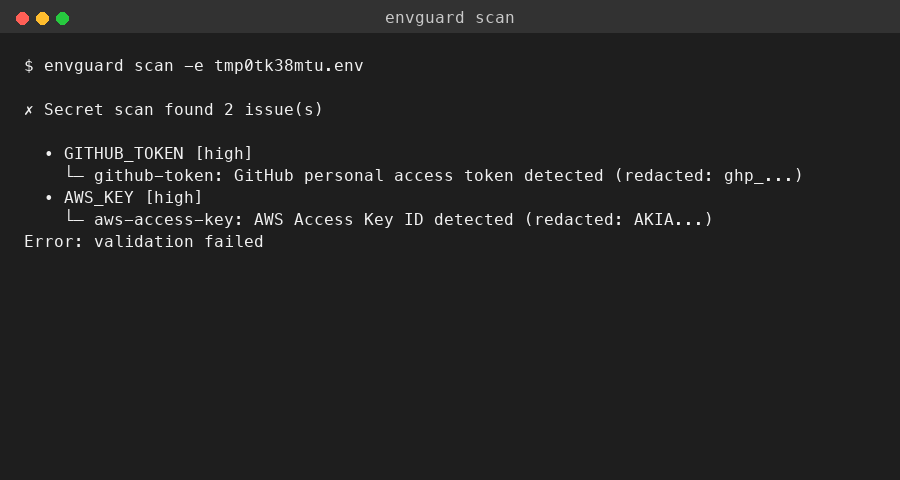 Secret scan output detecting AWS and GitHub tokens